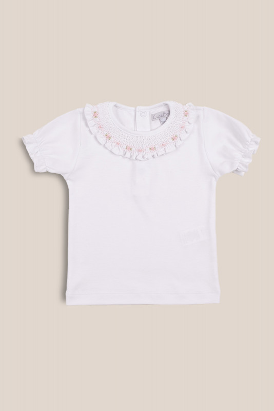 remera con cuello smock rayas rosa
