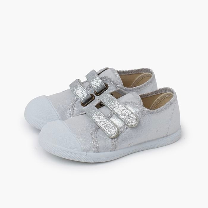 zapatillas blanditas doble tira brillos plata
