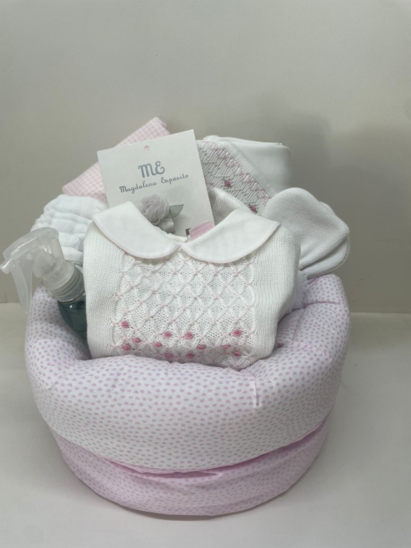Set de nacimiento tejido bco/rosa