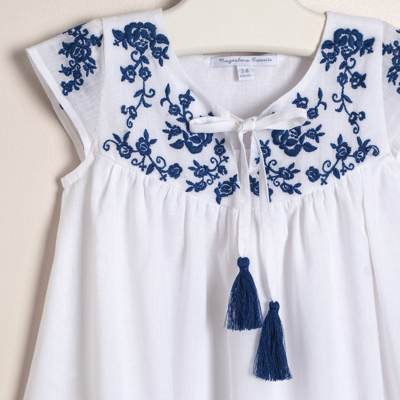 vestido de voile de la india bordado bco/azul