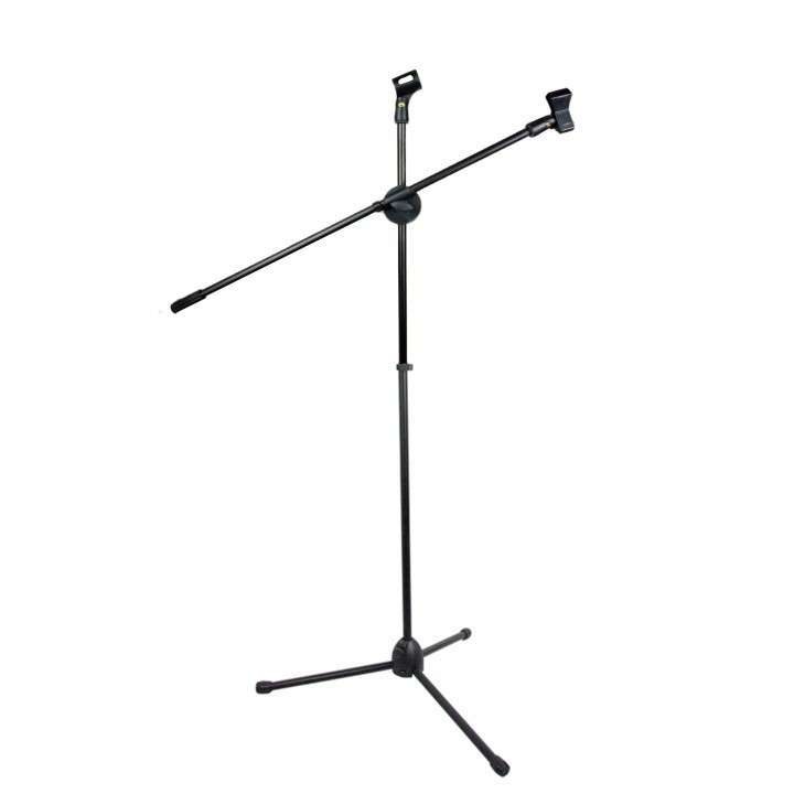 Pedestal trípode doble para micrófono con clip