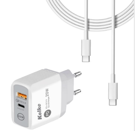 Cargador Rápido de Pared  USB PD + QC 3.0 con Cable de 1m KCR-2706