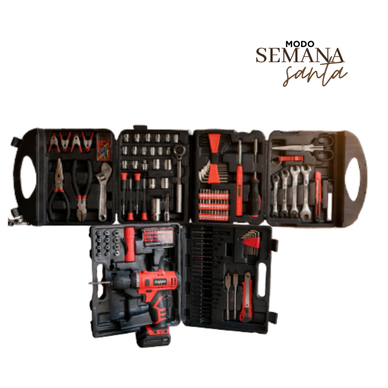 Caja de herramientas c/ taladro + Kit de herramientas manuales