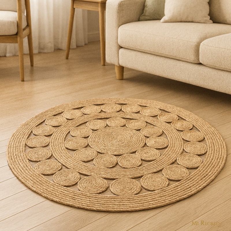 ALFOMBRA DE YUTE DE ALTA CALIDAD, CON DISEÑO EXCLUSIVO, PATRONES GEOMÉTRICOS REDONDOS, PARA AMBIENTES SOFISTICADOS